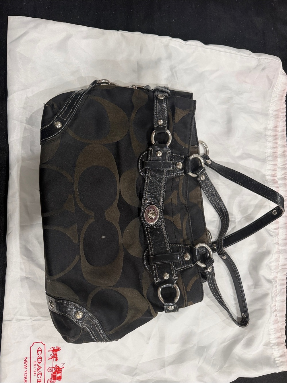 Coach Black and Brown Signature Jacquard Shoulder Bag with Leather Trim